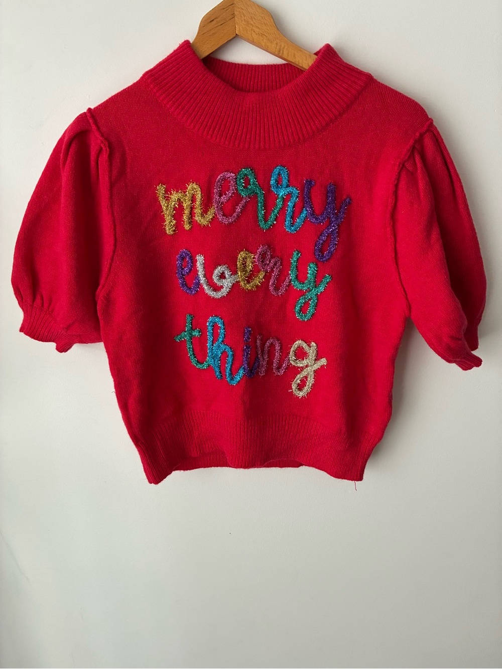 Peach Love Sweater Womens Medium Merry Everything Red Christmas Puff Sleeve